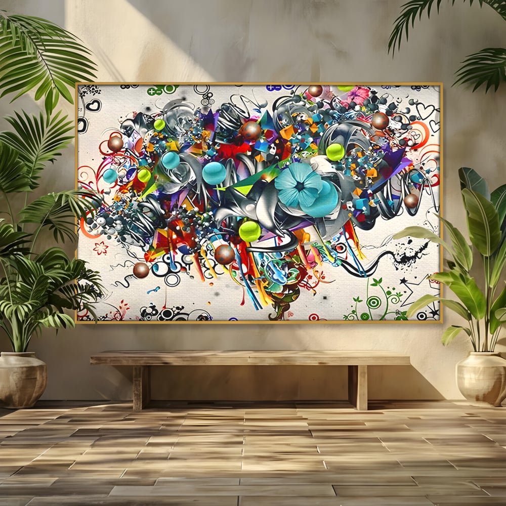 Tablou canvas cu tablou canvas cu compozitie abstracta, in rama de aluminiu auriu